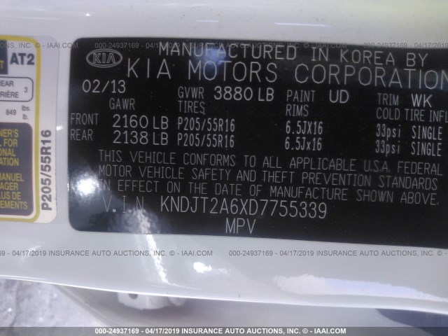 KNDJT2A6XD7755339 - 2013 KIA SOUL +/!/SPORT WHITE photo 9