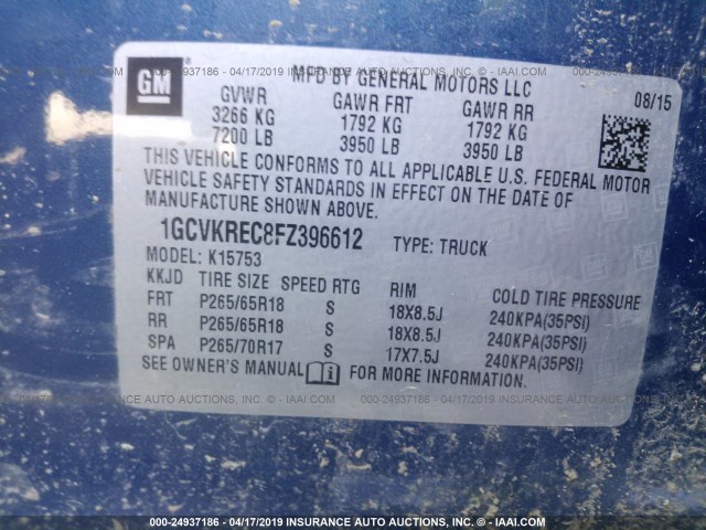 1GCVKREC8FZ396612 - 2015 CHEVROLET SILVERADO K1500 LT BLUE photo 9