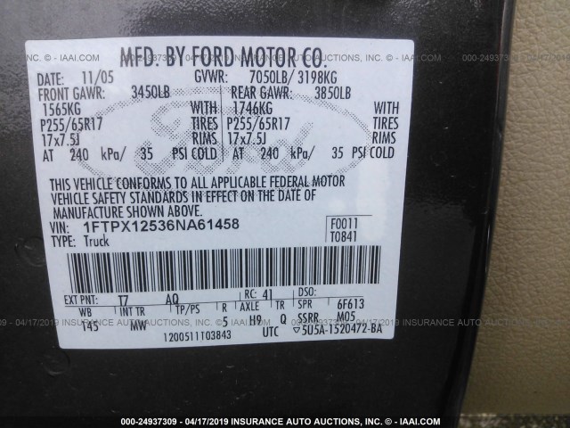 1FTPX12536NA61458 - 2006 FORD F150 Dark Brown photo 9