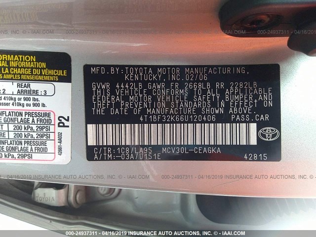 4T1BF32K66U120406 - 2006 TOYOTA CAMRY LE/XLE/SE SILVER photo 9