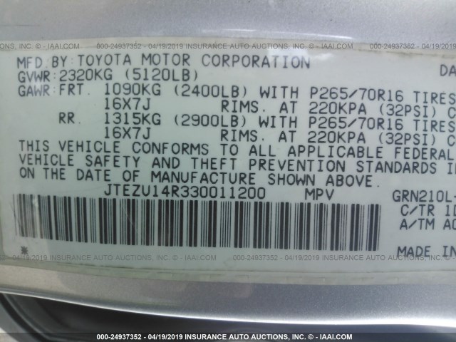 JTEZU14R330011200 - 2003 TOYOTA 4RUNNER SR5/SPORT SILVER photo 9