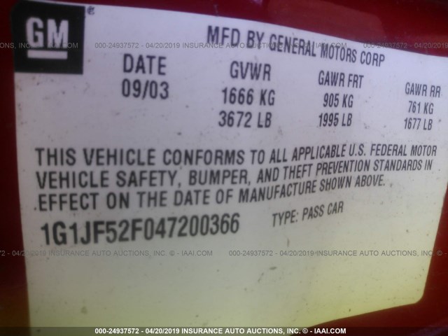 1G1JF52F047200366 - 2004 CHEVROLET CAVALIER LS RED photo 9