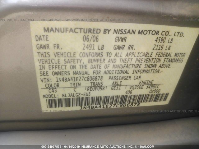 1N4BA41E27C806878 - 2007 NISSAN MAXIMA SE/SL GOLD photo 9