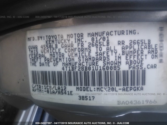 4T1BF28B01U160085 - 2001 TOYOTA AVALON XL/XLS SILVER photo 9