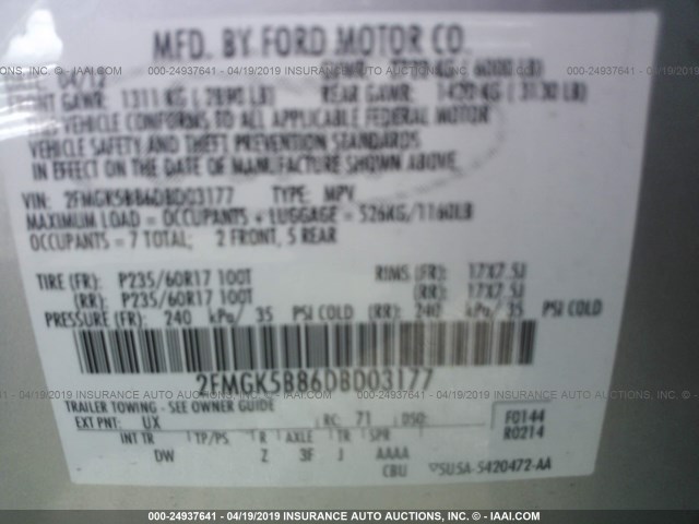 2FMGK5B86DBD03177 - 2013 FORD FLEX SE SILVER photo 9