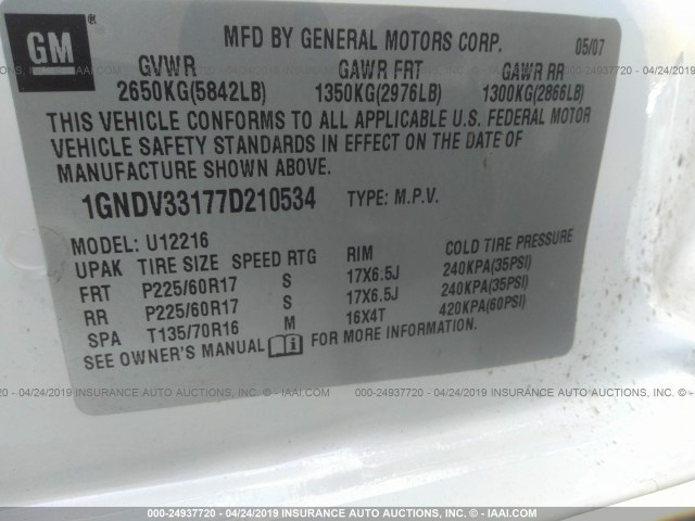 1GNDV33177D210534 - 2007 CHEVROLET UPLANDER LT WHITE photo 9