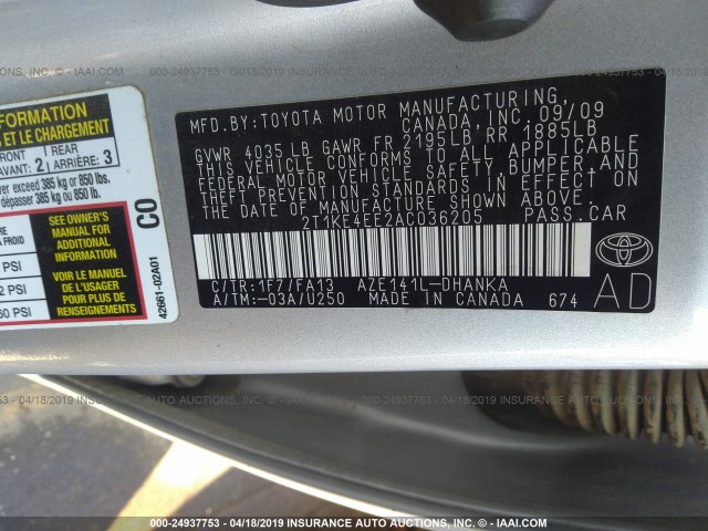 2T1KE4EE2AC036205 - 2010 TOYOTA COROLLA MATRIX S GRAY photo 9