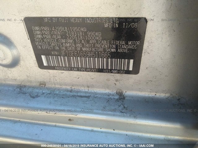 JF1GE61659H511665 - 2009 SUBARU IMPREZA 2.5I SILVER photo 9