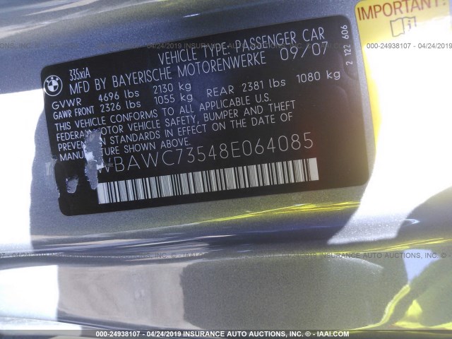 WBAWC73548E064085 - 2008 BMW 335 XI GRAY photo 9