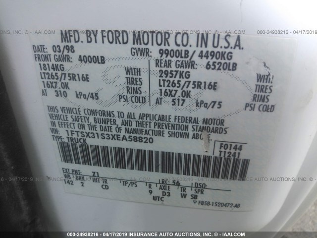 1FTSX31S3XEA58820 - 1999 FORD F350 SRW SUPER DUTY WHITE photo 9