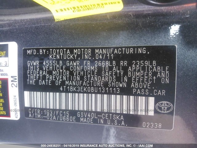 4T1BK3EK0BU131113 - 2011 TOYOTA CAMRY SE/LE/XLE GRAY photo 9