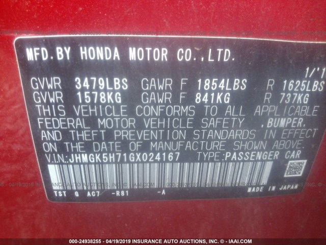 JHMGK5H71GX024167 - 2016 HONDA FIT EX/EXL RED photo 9