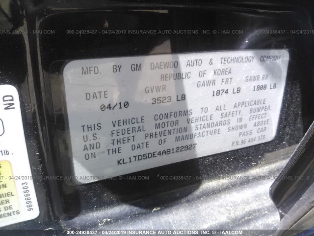 KL1TD5DE4AB122927 - 2010 CHEVROLET AVEO LS/LT შავი ფოტო 9