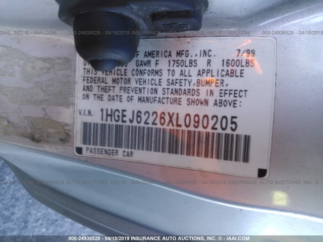 1HGEJ6226XL090205 - 1999 HONDA CIVIC DX SILVER photo 9