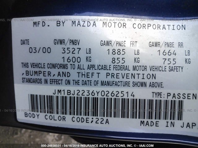 JM1BJ2236Y0262514 - 2000 MAZDA PROTEGE ES 蓝色 照片 9