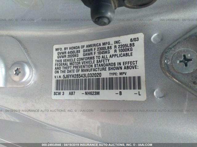 5J6YH28543L032020 - 2003 HONDA ELEMENT EX SILVER photo 9