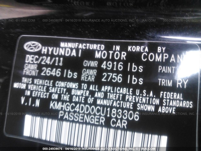 KMHGC4DD0CU183306 - 2012 HYUNDAI GENESIS 3.8L BLACK photo 9