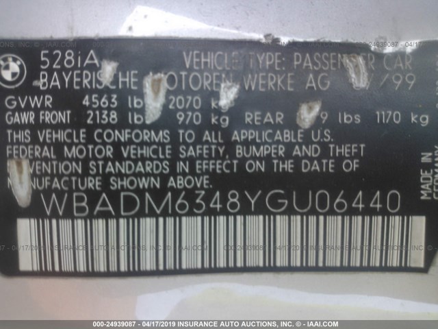 WBADM6348YGU06440 - 2000 BMW 528 I AUTOMATIC SILVER photo 9