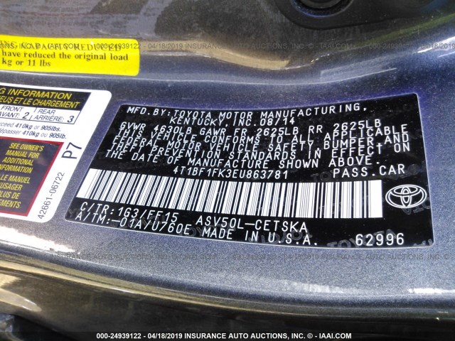 4T1BF1FK3EU863781 - 2014 TOYOTA CAMRY L/SE/LE/XLE 灰色 照片 9