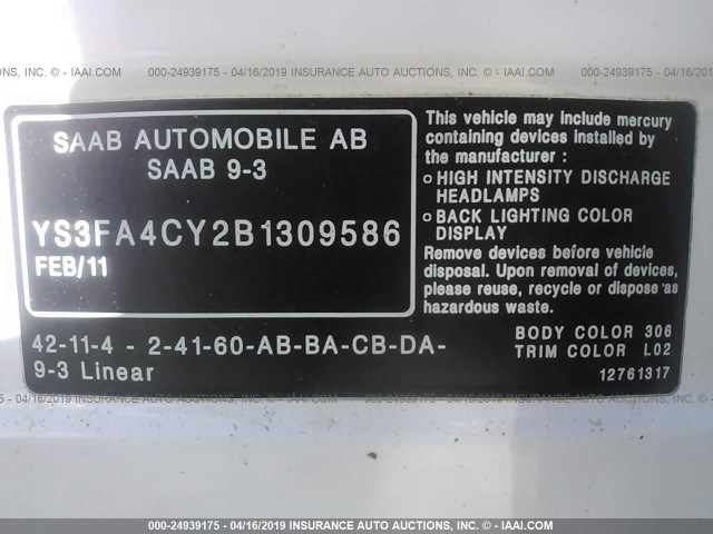 YS3FA4CY2B1309586 - 2011 SAAB 9-3 2.0T WHITE photo 9