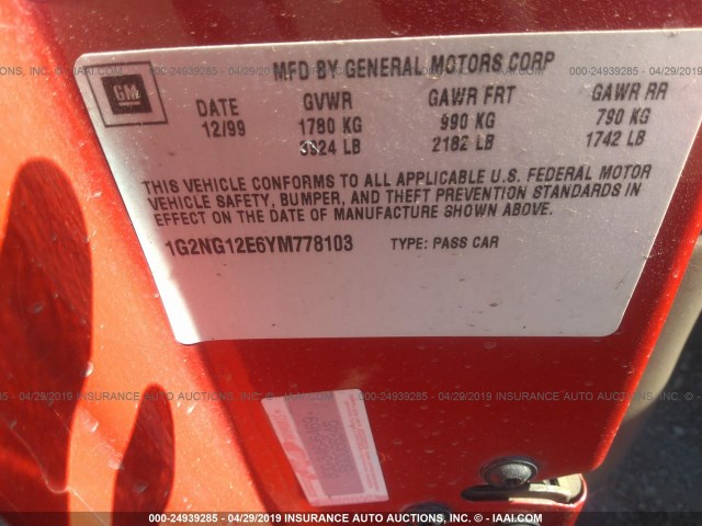 1G2NG12E6YM778103 - 2000 PONTIAC GRAND AM SE2 RED photo 9