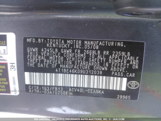 4T1BE46K09U312038 - 2009 TOYOTA CAMRY SE/LE/XLE GRAY photo 9
