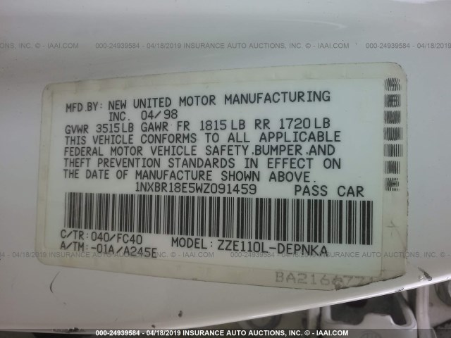 1NXBR18E5WZ091459 - 1998 TOYOTA COROLLA VE/CE/LE 白色 照片 9