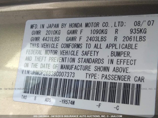 JHMCP26838C007373 - 2008 HONDA ACCORD EXL GOLD photo 9