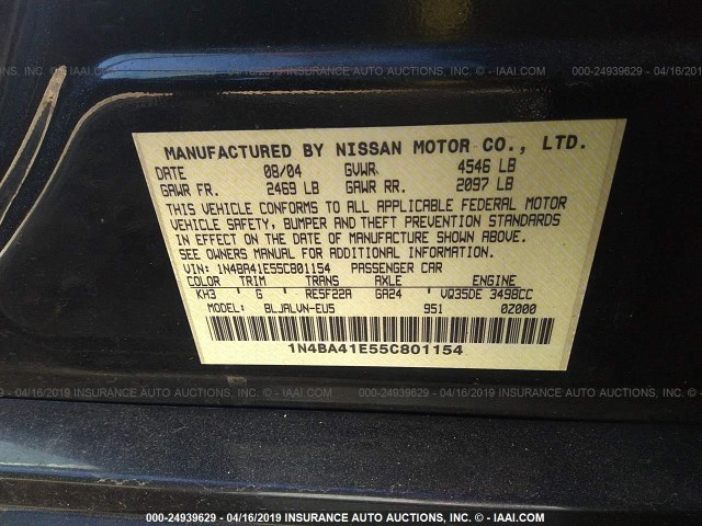 1N4BA41E55C801154 - 2005 NISSAN MAXIMA SE/SL BLACK photo 9