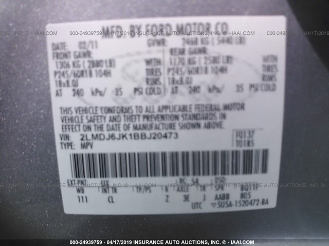 2LMDJ6JK1BBJ20473 - 2011 LINCOLN MKX SILVER photo 9