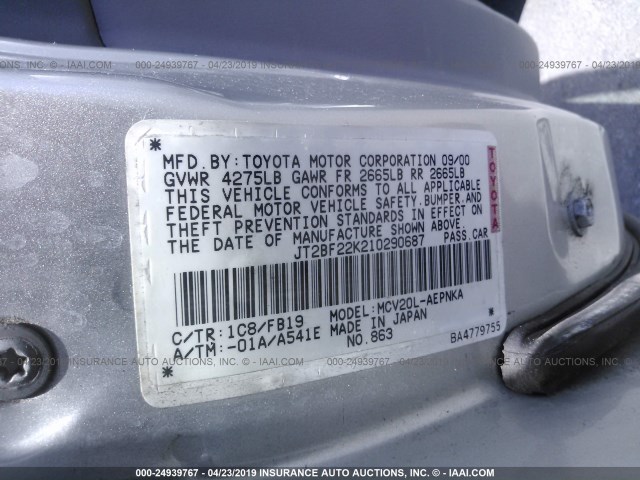 JT2BF22K210290687 - 2001 TOYOTA CAMRY CE/LE/XLE SILVER photo 9