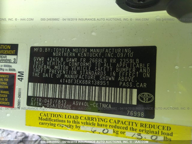 4T4BF3EK6BR138951 - 2011 TOYOTA CAMRY SE/LE/XLE WHITE photo 9