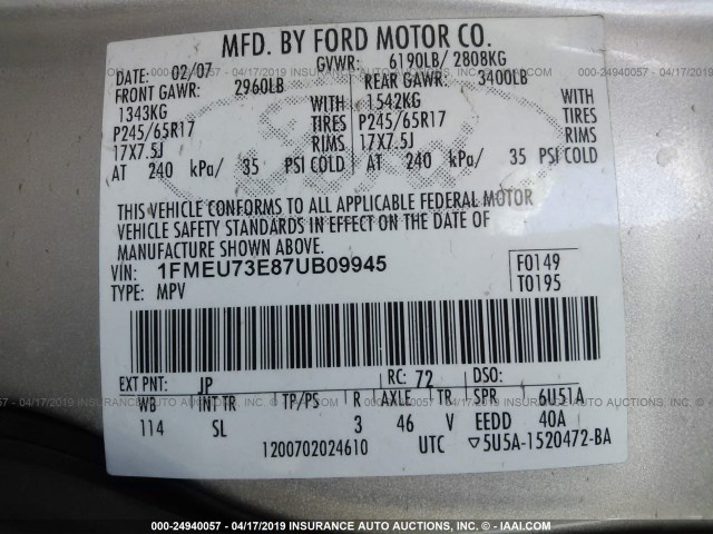 1FMEU73E87UB09945 - 2007 FORD EXPLORER XLT SILVER photo 9