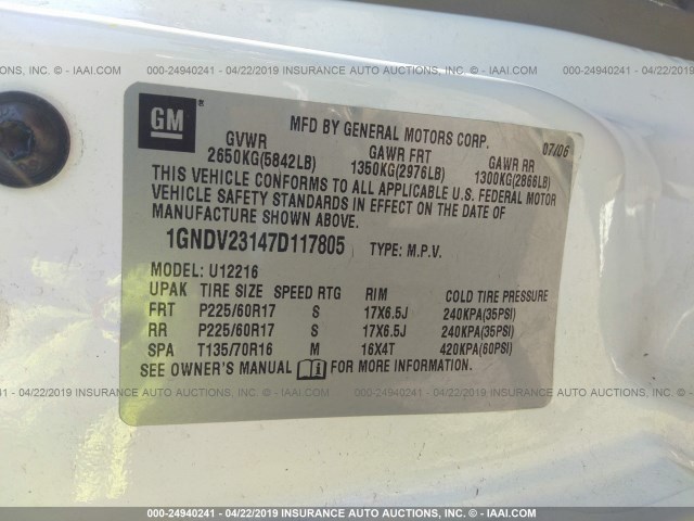 1GNDV23147D117805 - 2007 CHEVROLET UPLANDER LS WHITE photo 9