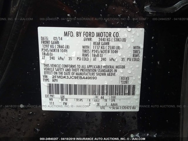 2FMDK3JC9EBA49690 - 2014 FORD EDGE SEL BLACK photo 9