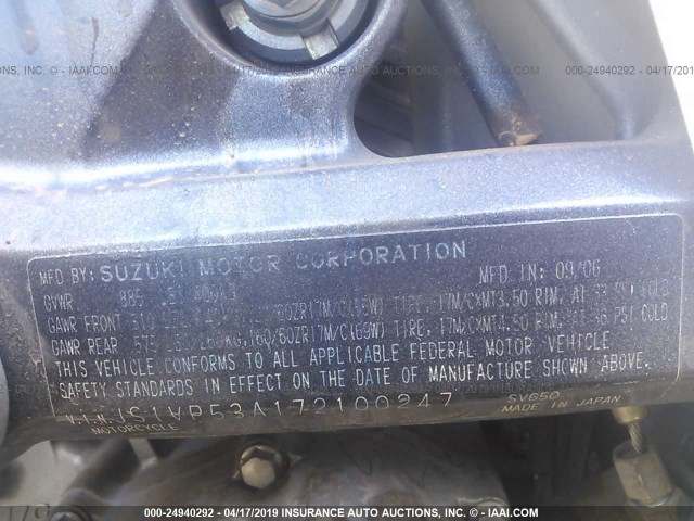 JS1VP53A172100247 - 2007 SUZUKI SV650 BLUE photo 10