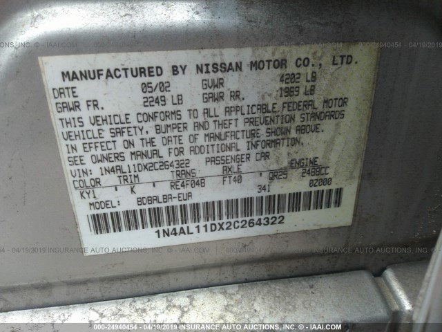 1N4AL11DX2C264322 - 2002 NISSAN ALTIMA S/SL SILVER photo 9