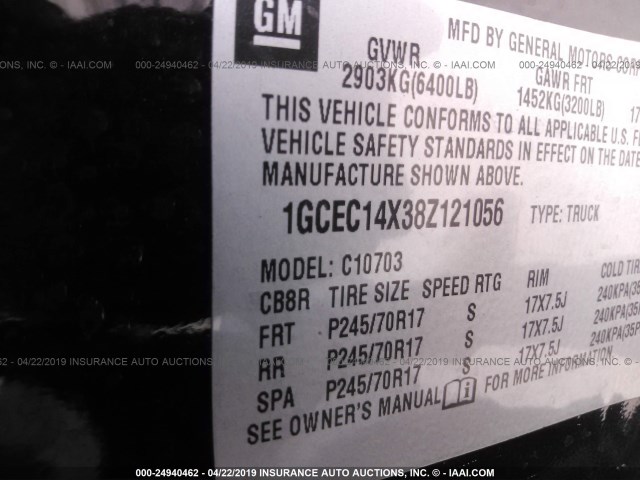 1GCEC14X38Z121056 - 2008 CHEVROLET SILVERADO C1500 BLACK photo 9