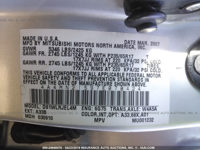 4A4MN21S97E070424 - 2007 MITSUBISHI ENDEAVOR LS SILVER photo 9