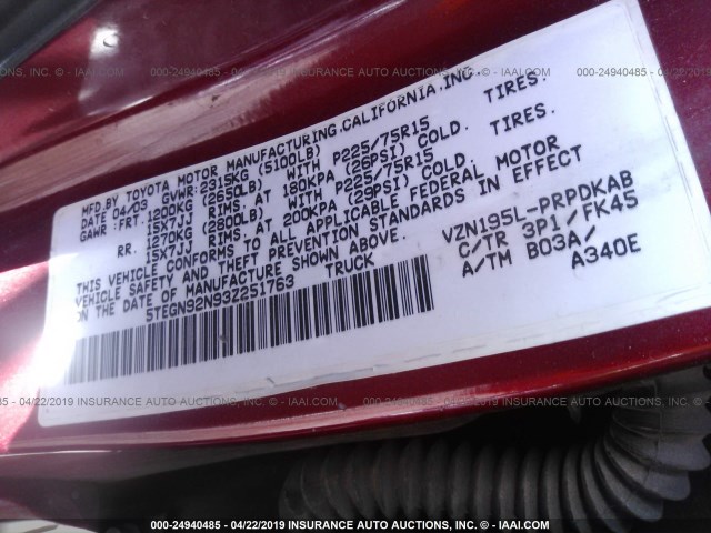 5TEGN92N93Z251763 - 2003 TOYOTA TACOMA DOUBLE CAB PRERUNNER BURGUNDY photo 9