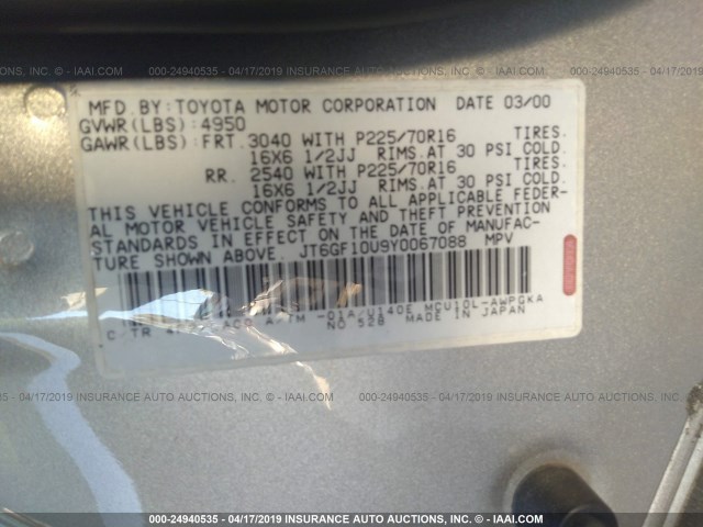 JT6GF10U9Y0067088 - 2000 LEXUS RX 300 GOLD photo 9