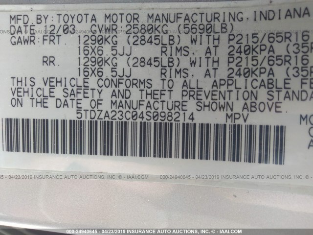 5TDZA23C04S098214 - 2004 TOYOTA SIENNA CE/LE SILVER photo 9