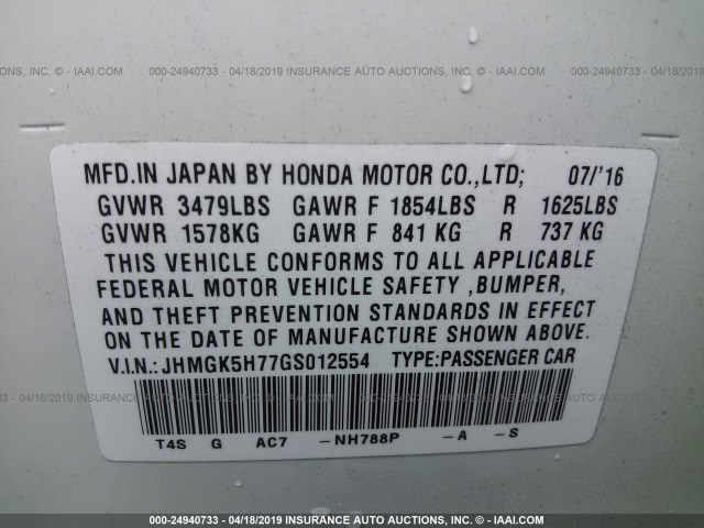 JHMGK5H77GS012554 - 2016 HONDA FIT EX/EXL WHITE photo 9