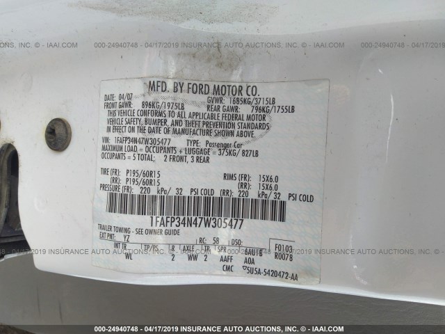1FAFP34N47W305477 - 2007 FORD FOCUS ZX4/S/SE/SES WHITE photo 9