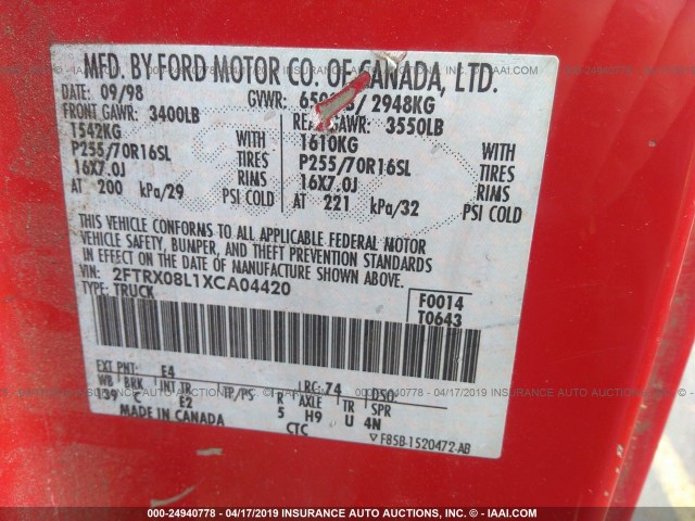 2FTRX08L1XCA04420 - 1999 FORD F150 RED photo 9