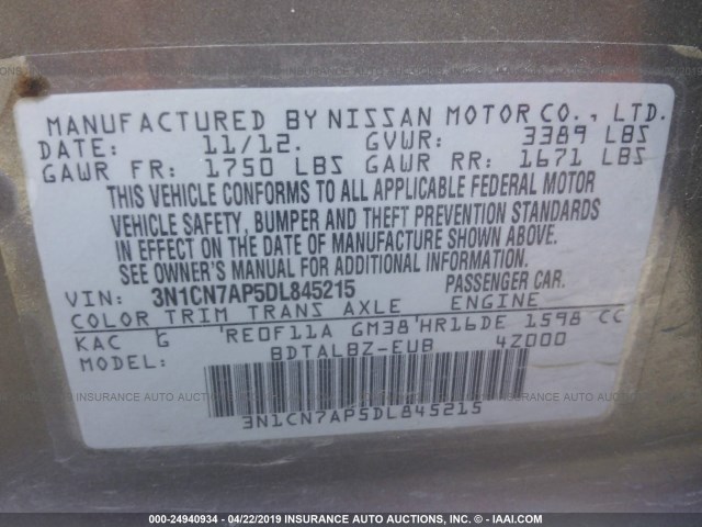 3N1CN7AP5DL845215 - 2013 NISSAN VERSA S/S PLUS/SV/SL GRAY photo 9