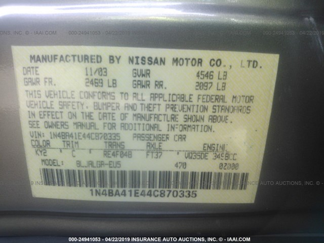 1N4BA41E44C870335 - 2004 NISSAN MAXIMA SE/SL GRAY photo 9