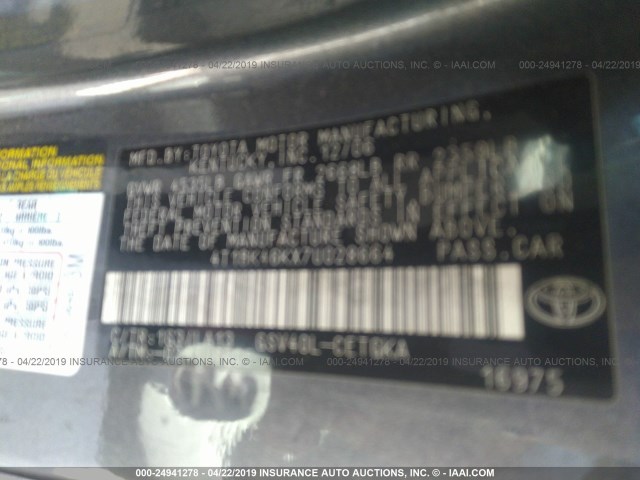 4T1BK46KX7U028664 - 2007 TOYOTA CAMRY NEW GENERAT LE/XLE/SE GRAY photo 9