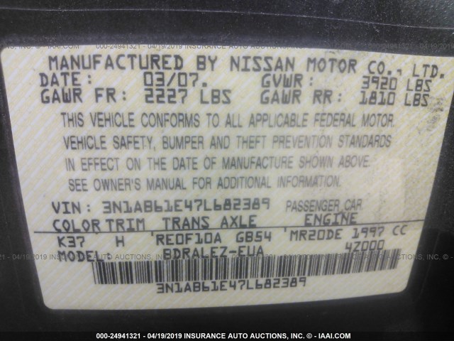 3N1AB61E47L682389 - 2007 NISSAN SENTRA 2.0/2.0S/2.0SL GRAY photo 9