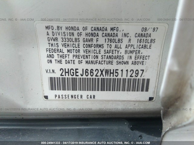 2HGEJ662XWH511297 - 1998 HONDA CIVIC DX WHITE photo 9